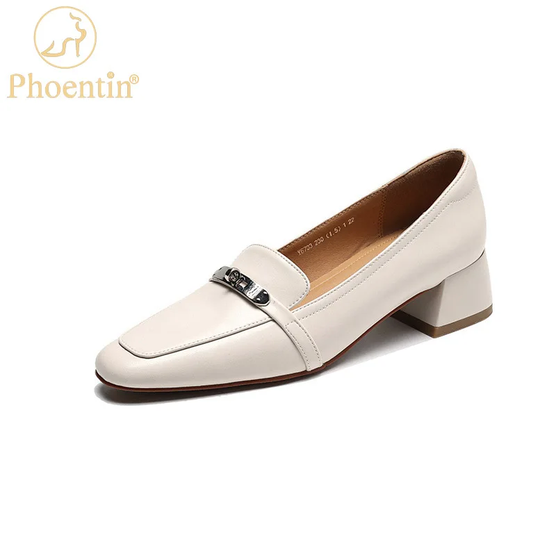 

Phoentin Women pumps natural leather shoes plus size 43 square toe Classic metal loafers female med heels 2023 spring new FT2257