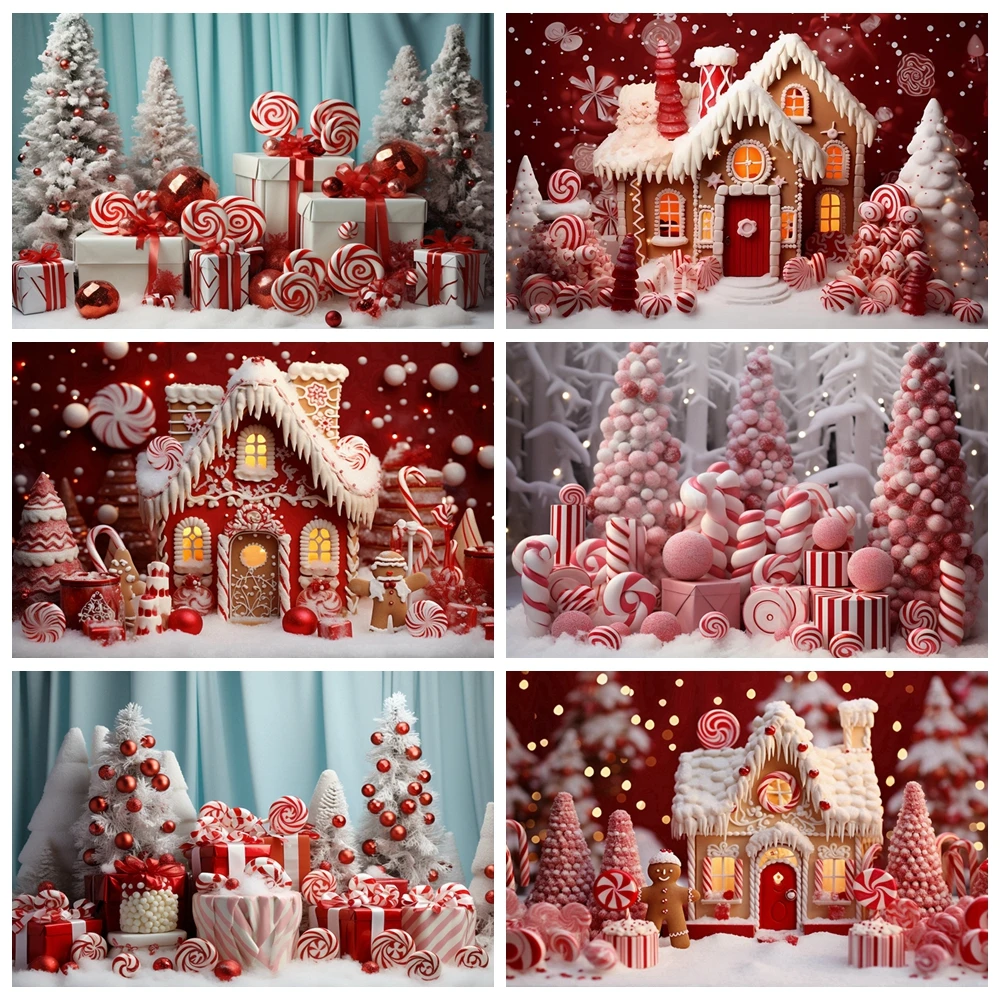 

Sweet Candy House Red Christmas Party Photography Background Newborn Kids Portrait Glitter Snowflake Decor For Photo Studio