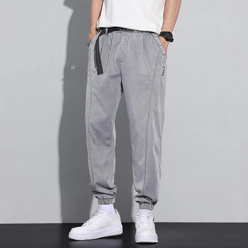Men's Pants Thin Imitate Jeans Summer Trends Hip Hop Cargo Trousers Solid Casual Streetwear Harem Jogger Denim Black Gray