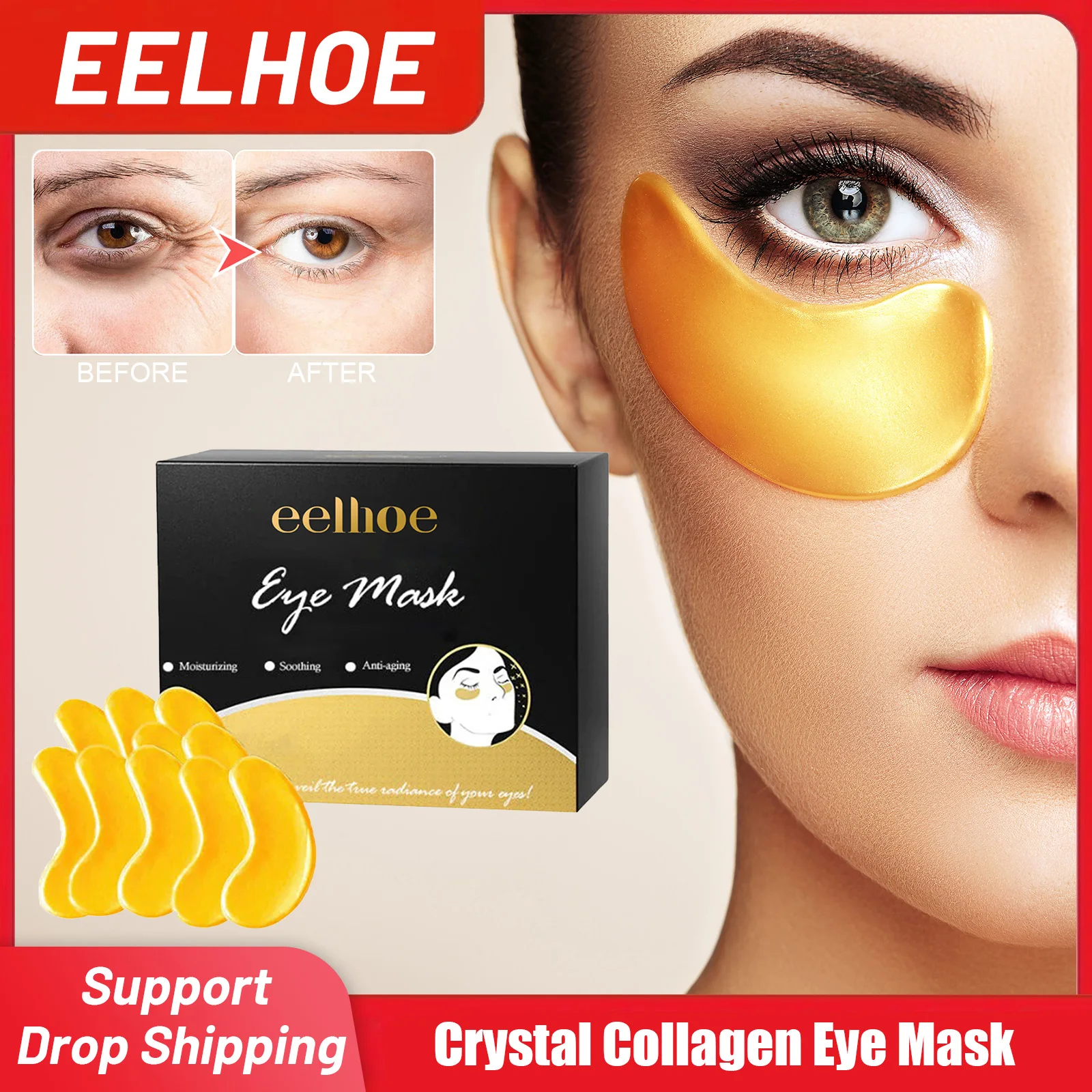 

24k Gold Crystal Collagen Eye Mask Anti Aging Improve Eye Bags Remove Puffiness Fade Dark Circles Moisturize Brighten Eye Patch