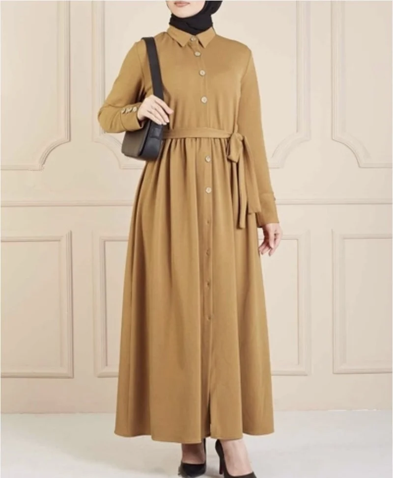 "Платье Abaya в мусульманском стиле с отложным воротником, свободное Повседневное платье с поясом, на пуговицах, с длинным рукавом, для женщин, ..."
