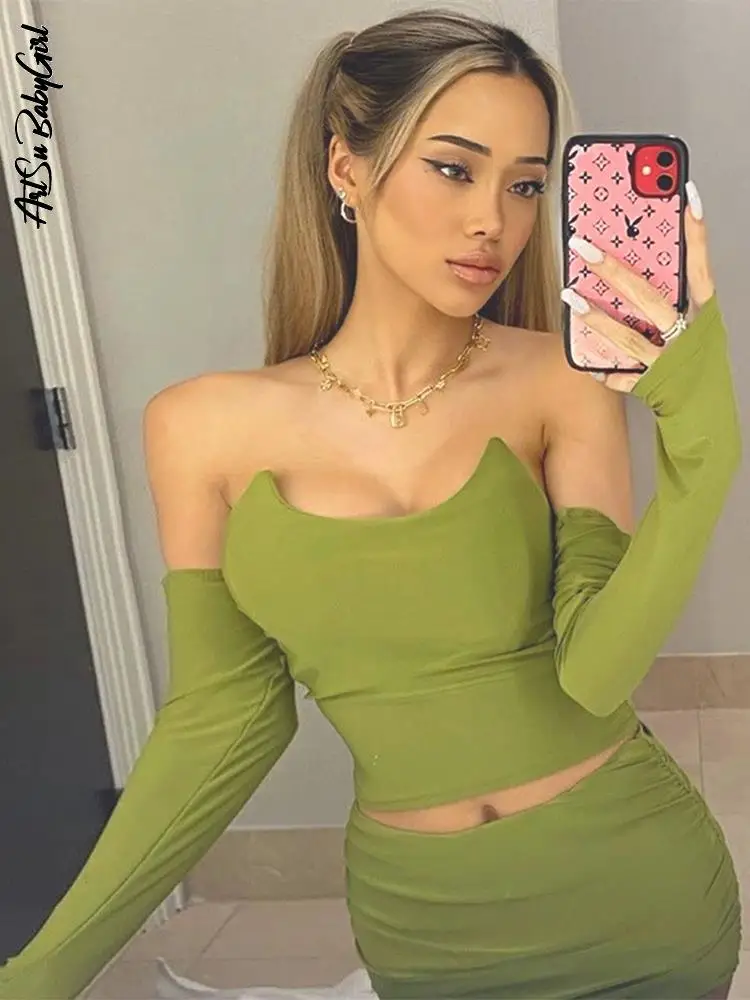 

2 Pieces Matching Set Off Shoulder Top High Waist Short Skirt Women Fashion Outfit Fall Streetwear Green Strapless Dress Set