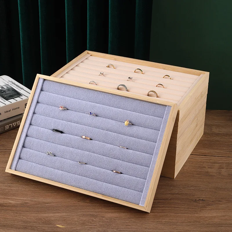 

Wholesale Natural Bamboo Ring Display Tray Colorful Velvet Ring Tray Organizer for Jewelry Store Stackable Jewellery Storage