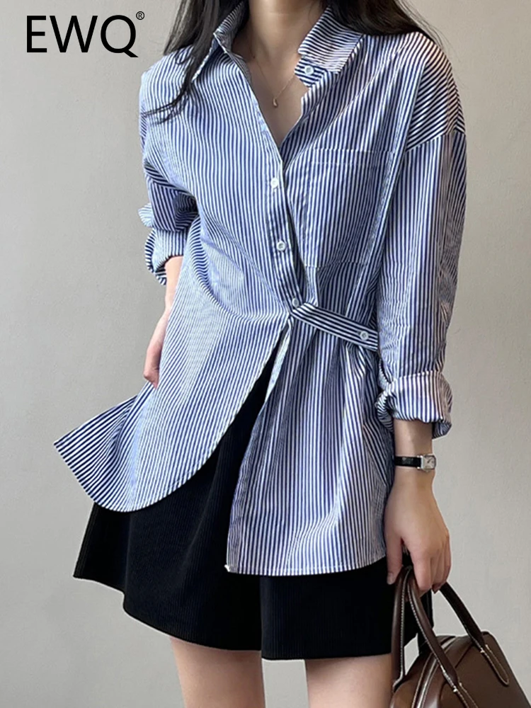 

EWQ Striped Irregular Shirt For Women Single Breasted Long Sleeve Split Gathered Waist Blouse 2023 Autumn New Tops 26D4377