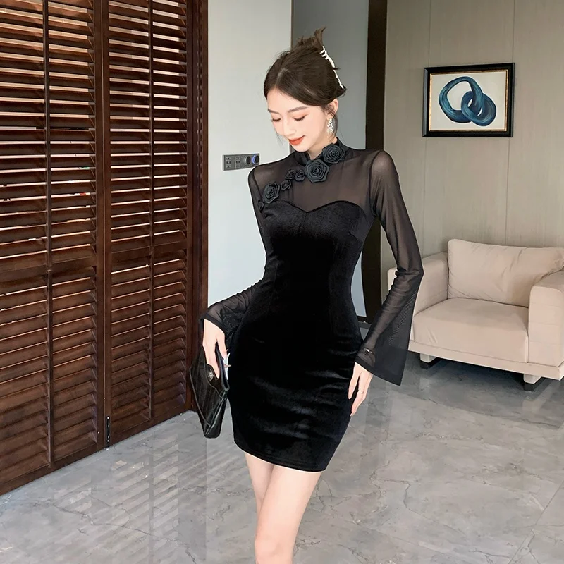 Сексуальное черное сетчатое облегающее платье элегантное женское осень-зима