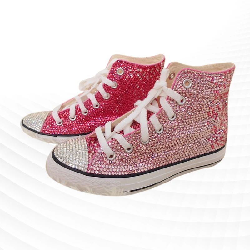 

Trend white powder full diamond fashion high top canvas shoes popular comfortable casual shoes