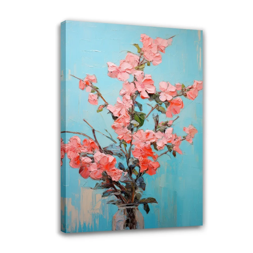 

Forbeauty Blue Background Leaves Pink Flowers Framed Gallery Canvas Painting Colorful Vase Antique For Home Decoration