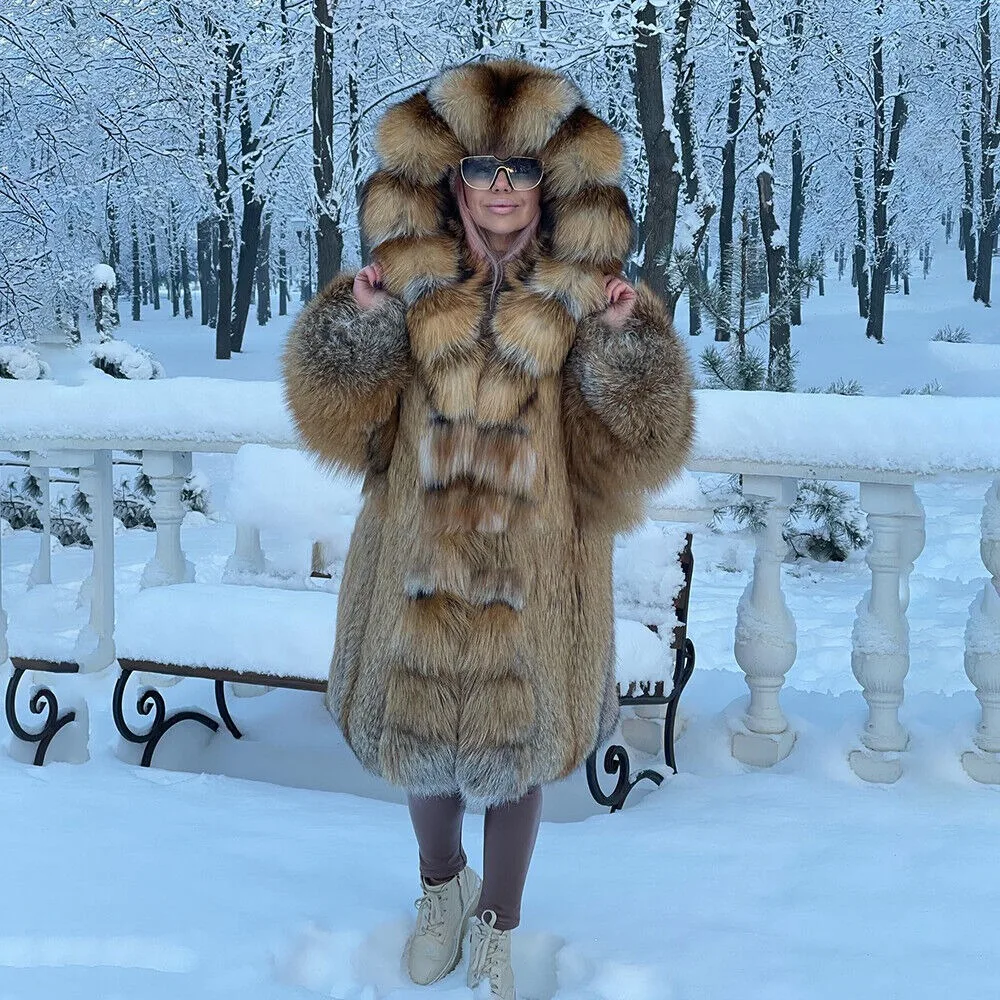 Женская Шуба с капюшоном из натурального меха лисы толстая теплая шуба 90 см