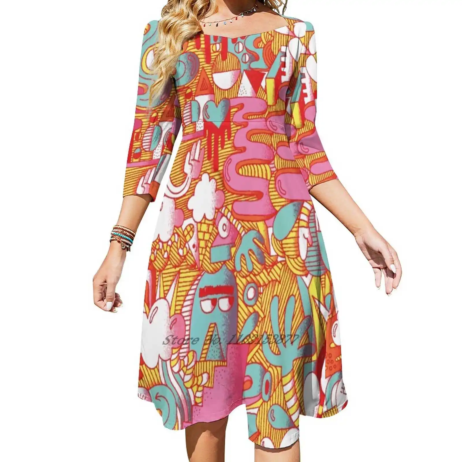 Beeblee - Doop Свободное карманное платье Модное с принтом Платье трапециевидной формы