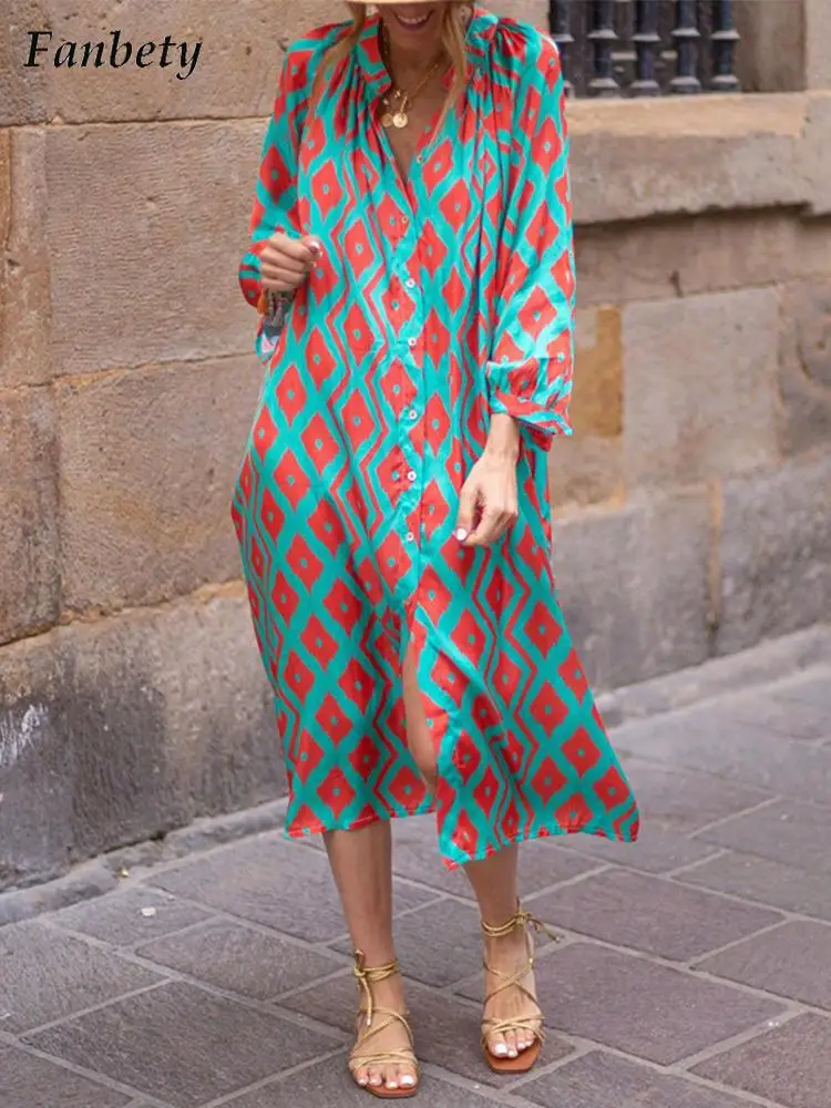 

Платье-рубашка женское с принтом, элегантное модное свободное пляжное офисное платье с V-образным вырезом, повседневное с длинным рукавом, н...