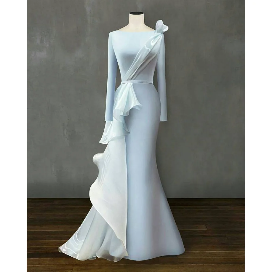 

Baby Blue Formal Evening Dress Long Sleeve O-Neck Floor Length Elegant Special Occasion Party Luxury Custom فساتين السهرة