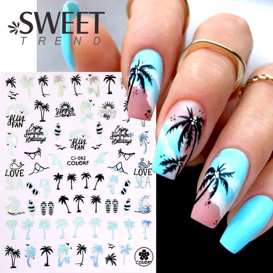 1pcs Summer Coconut Tree Nail Stickers Laser Silver Black Palm Leaf Ocean Beach Sea Design For 3D DIY Nail Art Decoration Decals