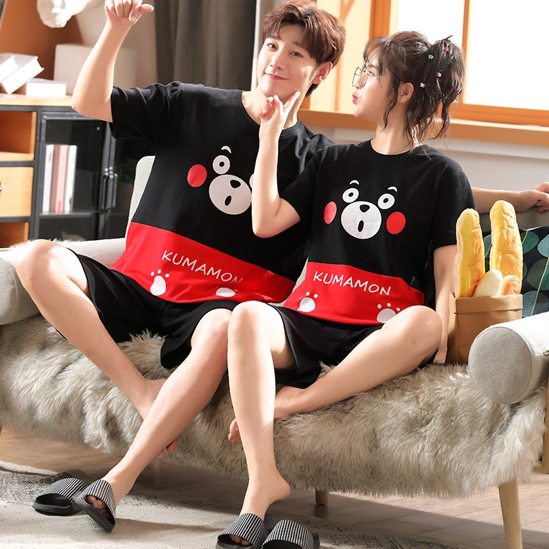 Couple Pajamas Sets Women Pijama Cotton Korean Men Sleepwear Kawaii Cartoon Bear Short Sleeve Lovers Night-Clothes 2PCS Nightwea
