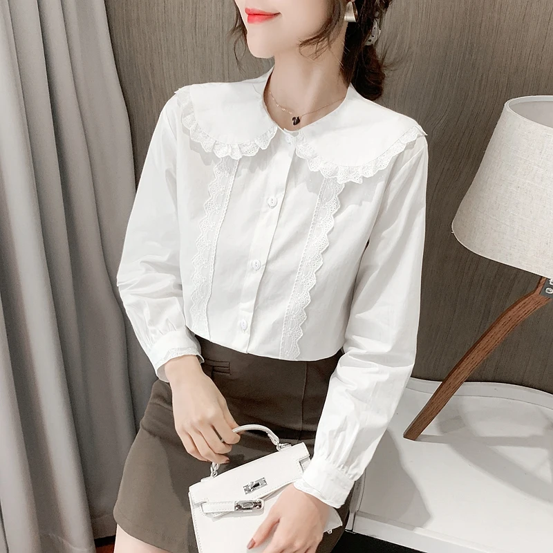 

Autumn Women's Long Sleeve Doll Neck French Bubble Sleeve Solid Lace Commuter Chiffon Shirt Blusas De Mujer Blouse Tops A267