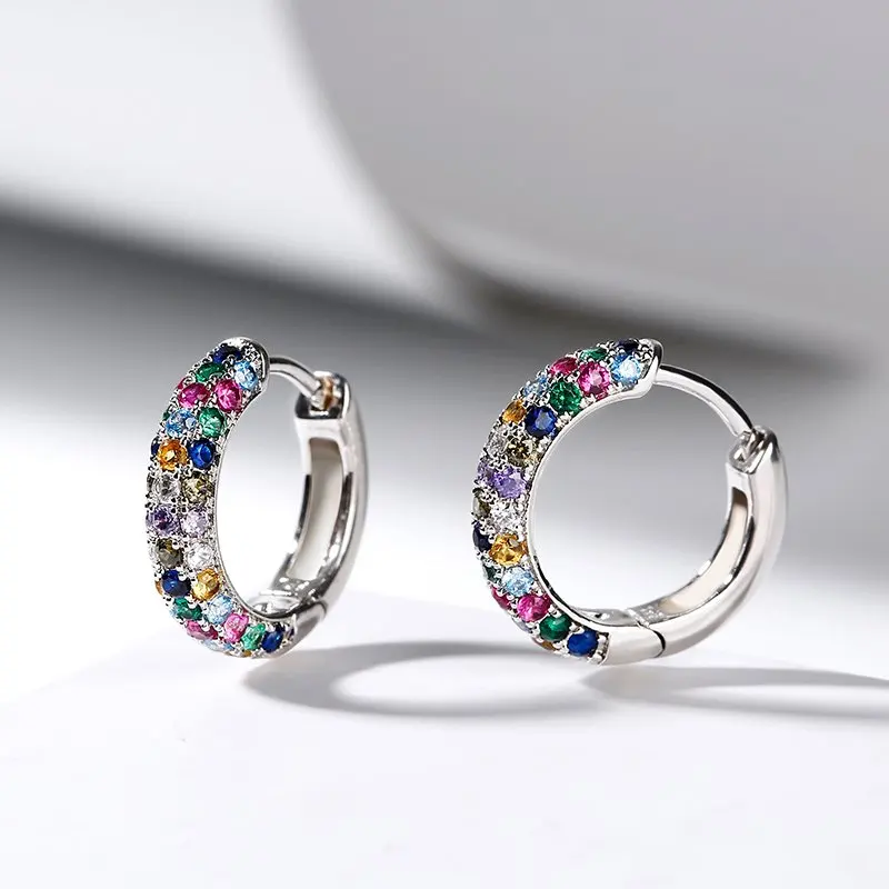 Colorful Zircon Circle Hoop Earrings for Women Men Punk Trendy 925 Silver Needle Party Accessories Fashion Jewelry Gift