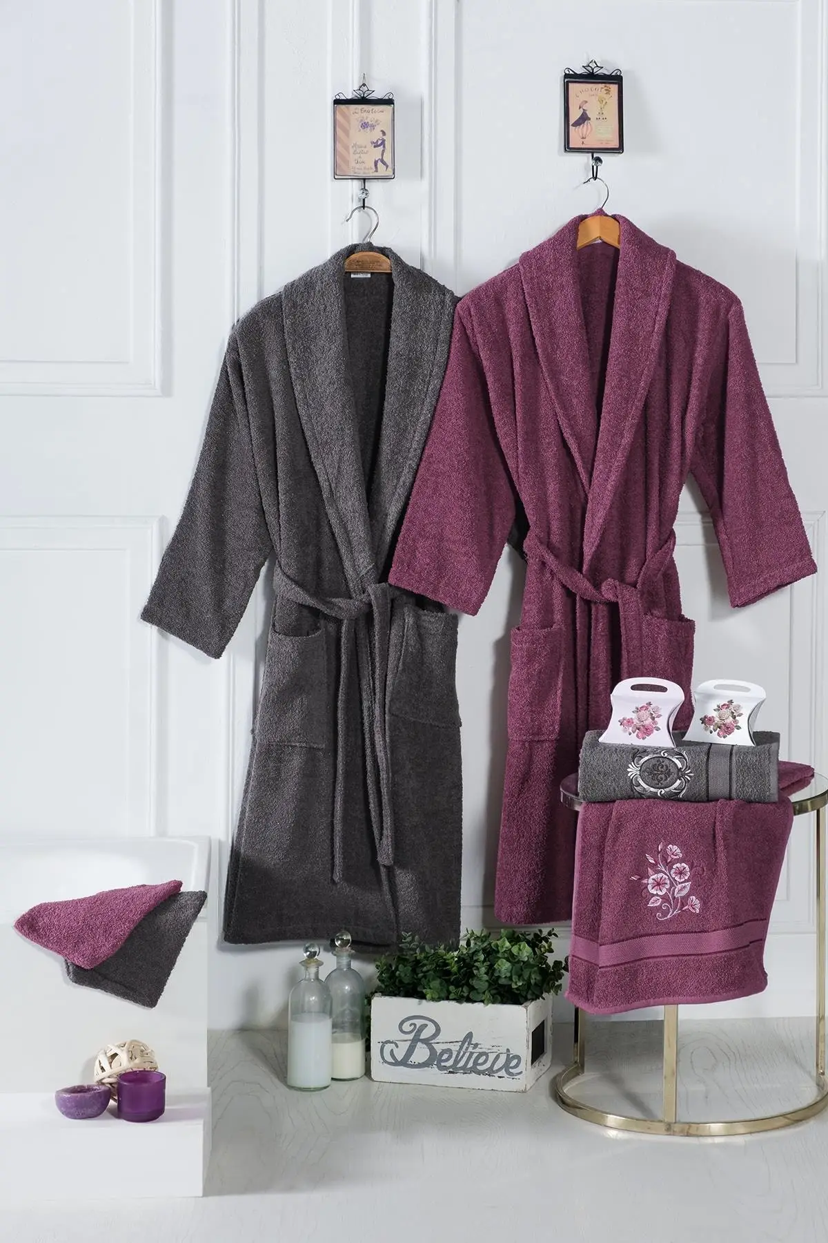 8 Piece Embroidered Bathrobe Set - Bath Towels, Hotel Bathrobes, Hand and Face Towels, 100% Cotton, Bath Products