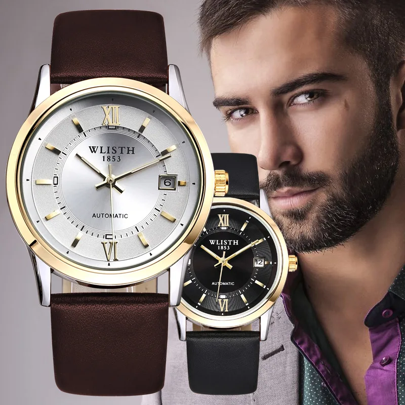 Golden Mens Watches Luxury Casual WLISTH Design Leather Men Watch Top Brand Luxury Mechanical Automatic Watch Relogio Masculino