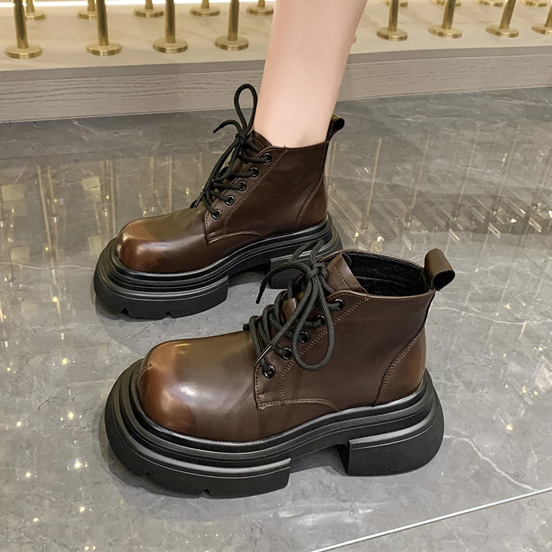 

Shoes Lolita Boots Winter Footwear Boots-Women Flat Heel Round Toe 2023 Ladies Rock Rubber Med Autumn Ankle Slip-On Lace-Up PU