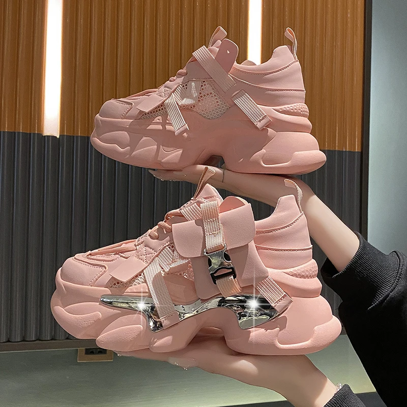 

Chunky Platform Sneakers for Women Black White Leather Sports Shoes Ladies New Spring Thick Sole Non Slip Woman Mesh Sneaker 8CM
