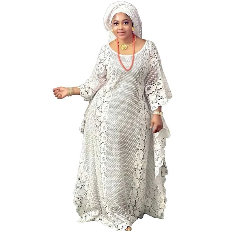 Plus Size Women Clothing New Fashion Solid Color Hot Selling Water-soluble Lace Loose Long Big Hemline White Robe Large Dress