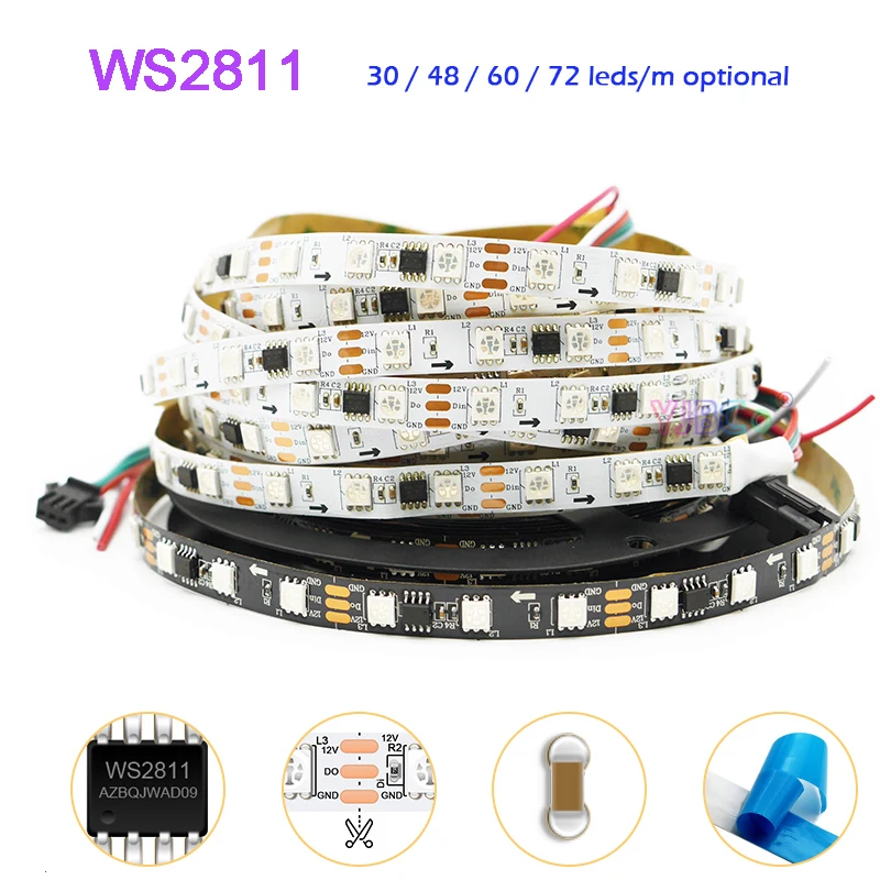 

12V 24V 5m WS2811 LED Strip addressable Tape 30/48/60/72leds/m Smart 5050 RGB pixel flexible Light Bar External IC IP30/65/67