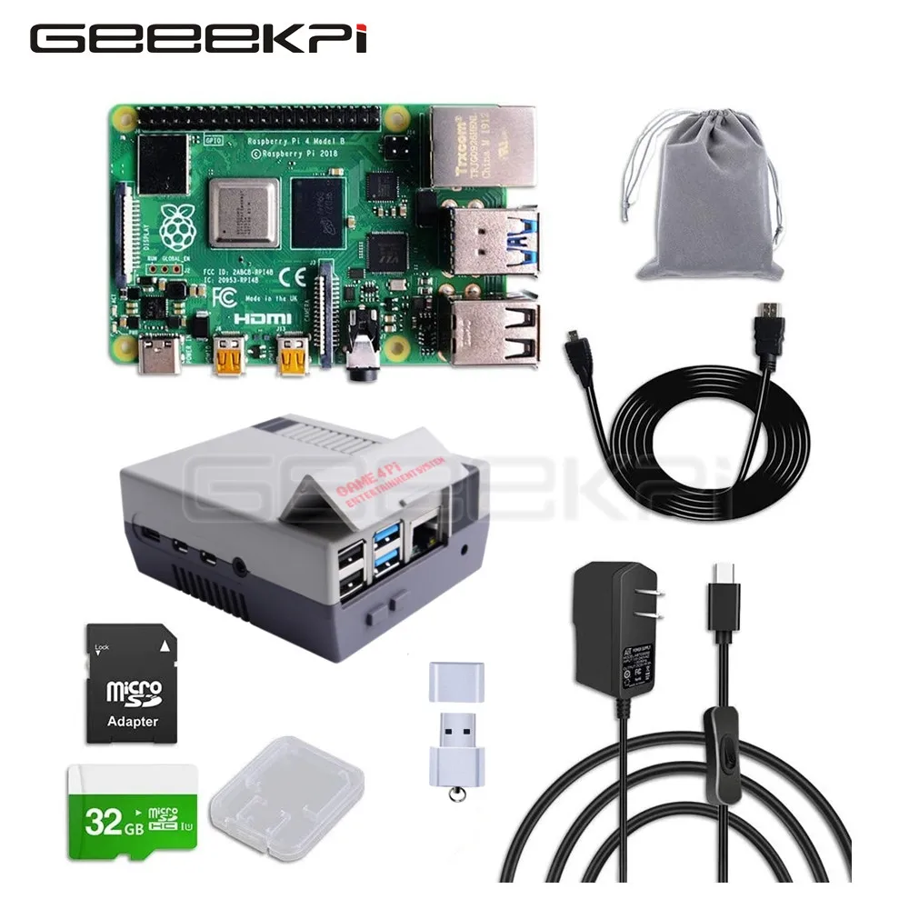 Geeekpi Raspberry Pi 4 Model B 8 GB Version RAM Quad Core Cortex-A72 (ARM v8) 64-Bit SoC @ 1.5GHz Game4pi Case and 32G Card