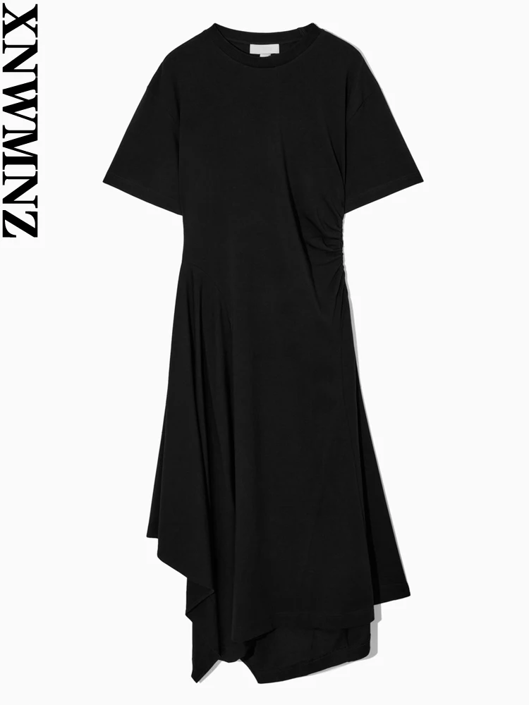

XNWMNZ women's casual crew-neck asymmetrical splicing dress Black 2023 summer new short-sleeved midi dress