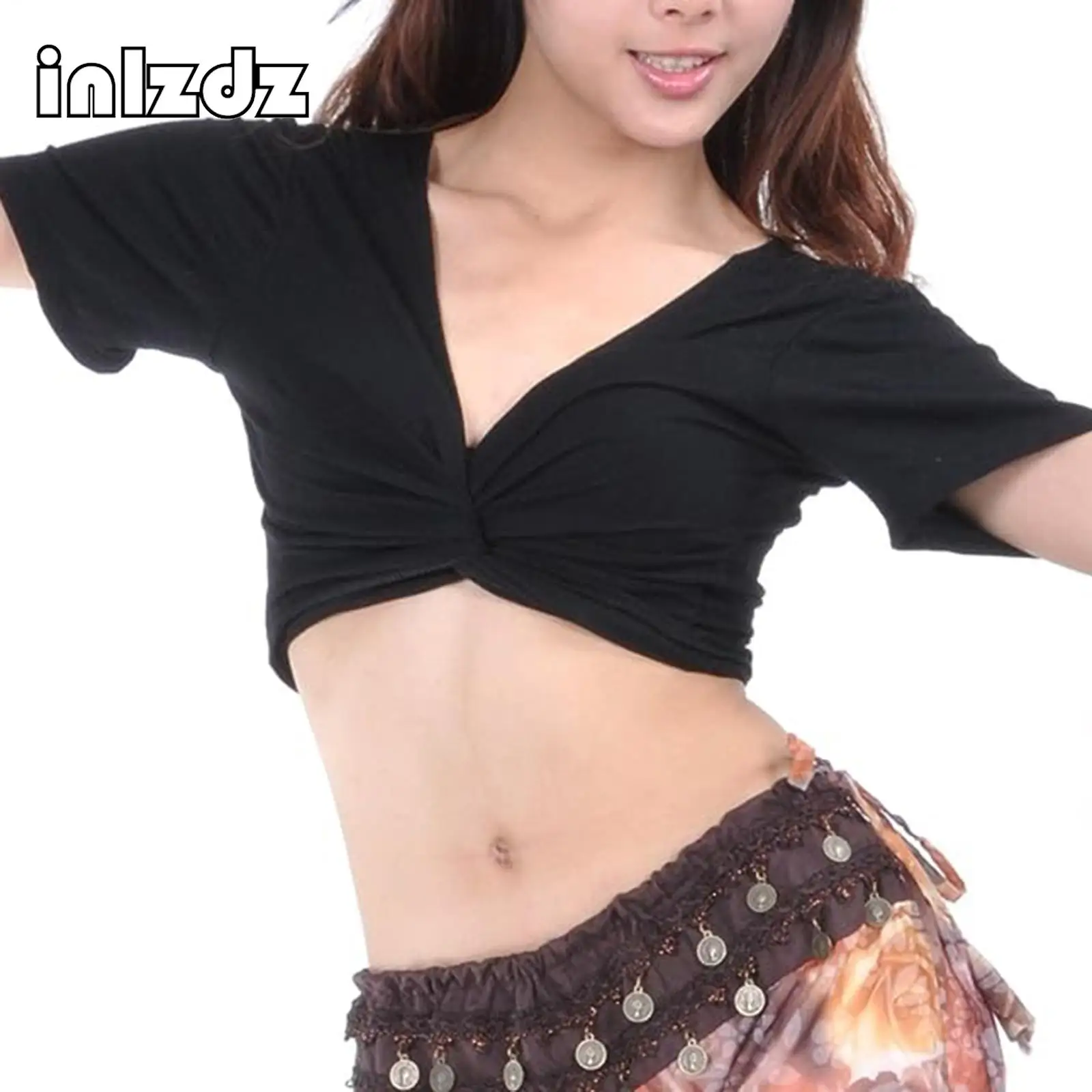

Womens Belly Dance Short Sleeve Tops Twist Knot Lace-up Crop Top V Neck Wrap Top for Yoga Workout Sports
