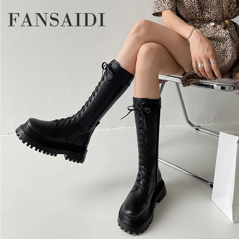 

FANSAIDI Fashion Cross Tied Female Boots Winter Sexy Zipper Ankle Platform Round Toe Leather Consice Knee High Boots New