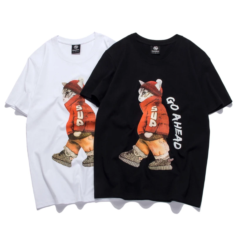 

Мужская футболка из 100% хлопка, модная футболка в стиле хип-хоп с круглым вырезом и коротким рукавом, с мультяшным принтом кота, белый и черны...