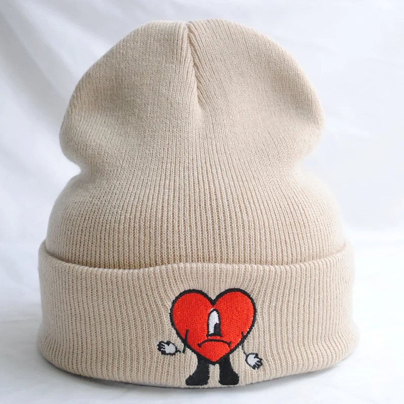 

Mr. Red Heart Design Hat Kawaii Bad Bunny Knitted Hats for Fall Winter Outside Accessory Keep Warm Outdoors New Wholesale