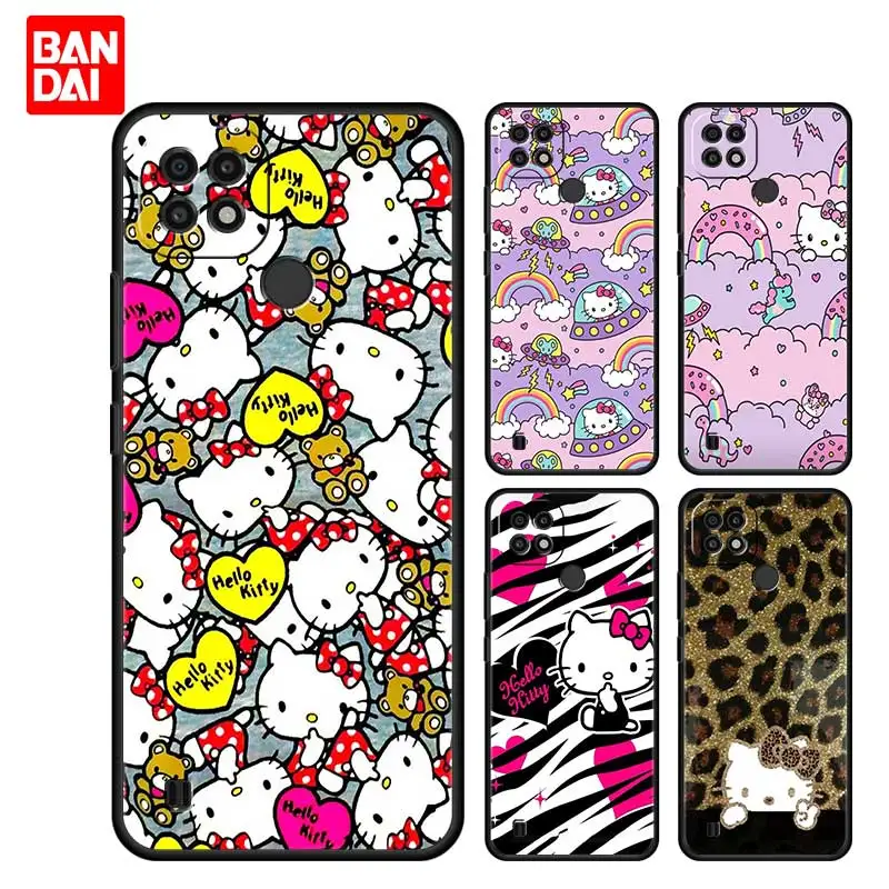 

Hello Kitty Cute Tile Case for Realme C21 C21Y C25 C25s C15 C11 C17 C3 C3i C20 5 6 7i 8i 8 8Pro Narzo30A Black Silicone Cover