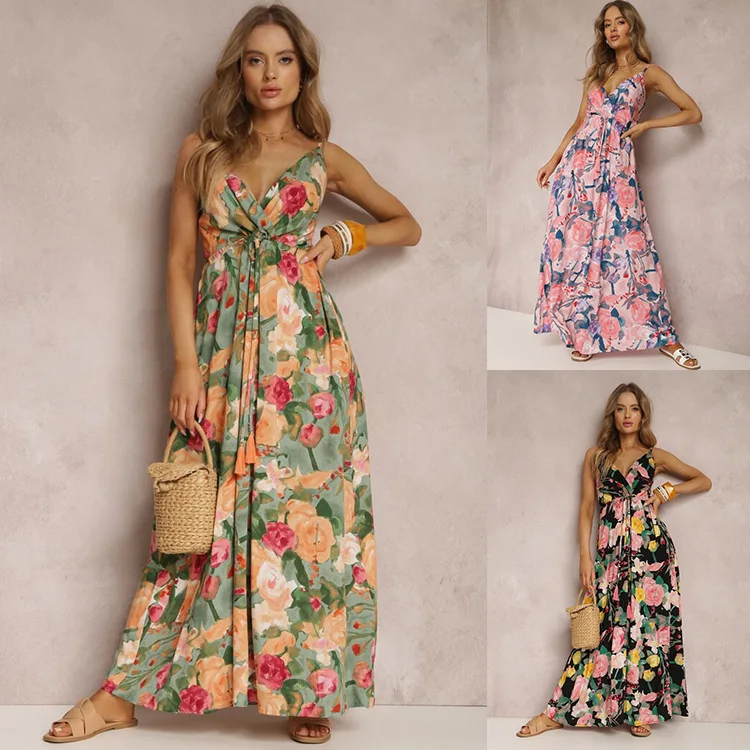 

Fashion Printed Dress Women's Deep V Sleeveless Backless Long Dress 2023 New Spring Summer Elegant Chiffon Vacation Beach Dress