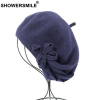 showersmile wool berets women navy blue solid artist hat female bowknot woolen painters caps elegant autumn winter french beret