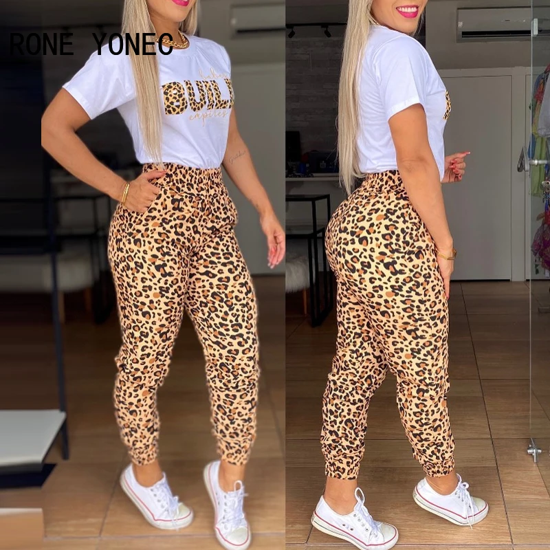 Women Chic Leopard Letter Pattern Elastic Waist Pocket Casual Pants Sets