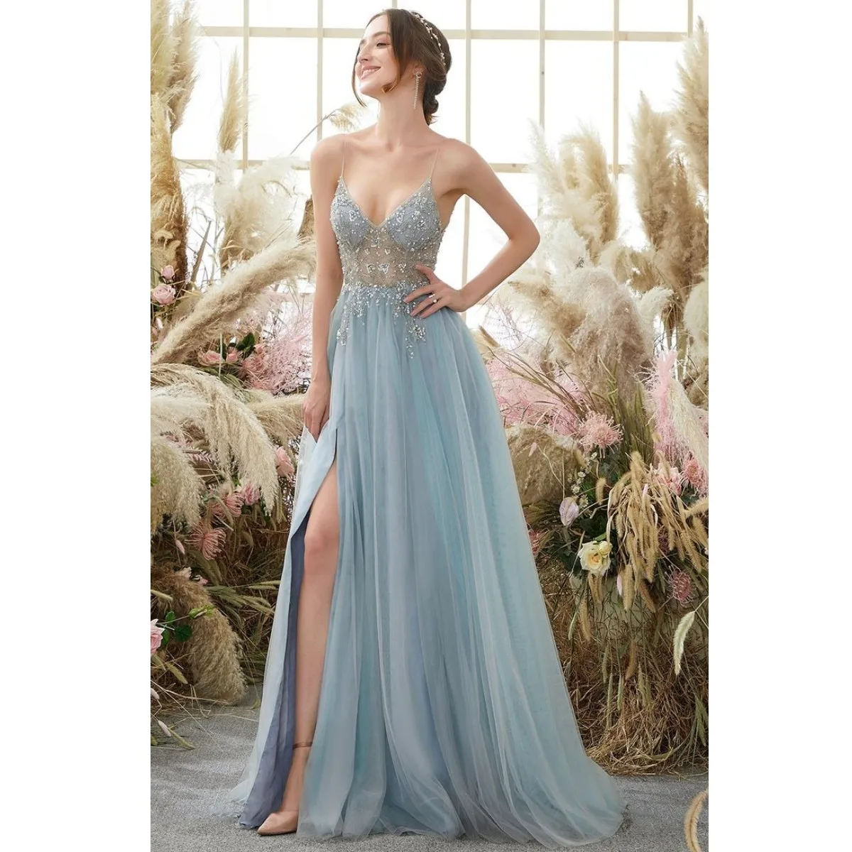 

Glamorous Bling Prom Dress Lace Appliques Sweetheart Neck Maxi Gown Spaghetti Strap Fairy Split Handmade Robe De Mariée