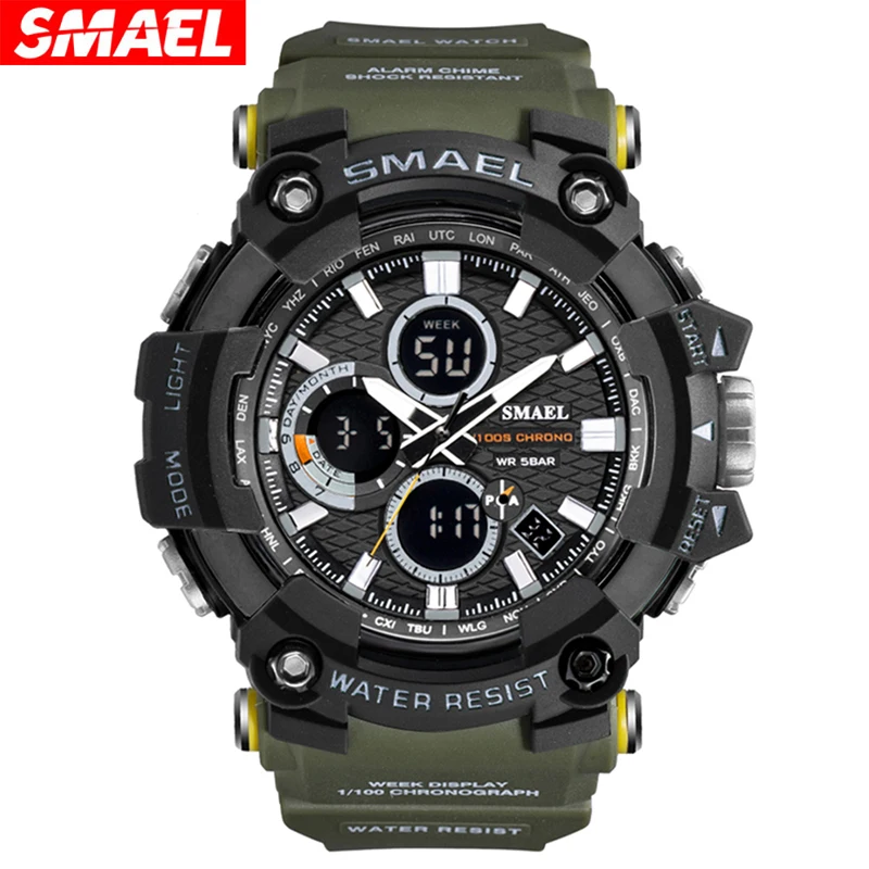 

Спортивные часы SMAEL 1802 секундомер ударопрочные водонепроницаемые уличные военные часы для мужчин светодиодный светящиеся цифровые часы с ...