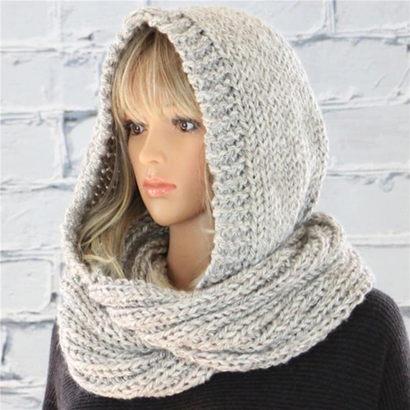 

New Solid Casual Hooded Scarf Ear Protection Warm Hat Scarves 2022 Winter Scarf Ladies Fashion Knitted Warm Hat Ladies Scarf Cap