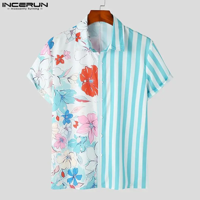 

INCERUN Tops 2023 Korean Style New Men's Striped Patchwork Shirts Stylish Vacation Male Printed Short Sleeved Lapel Blouse S-5XL