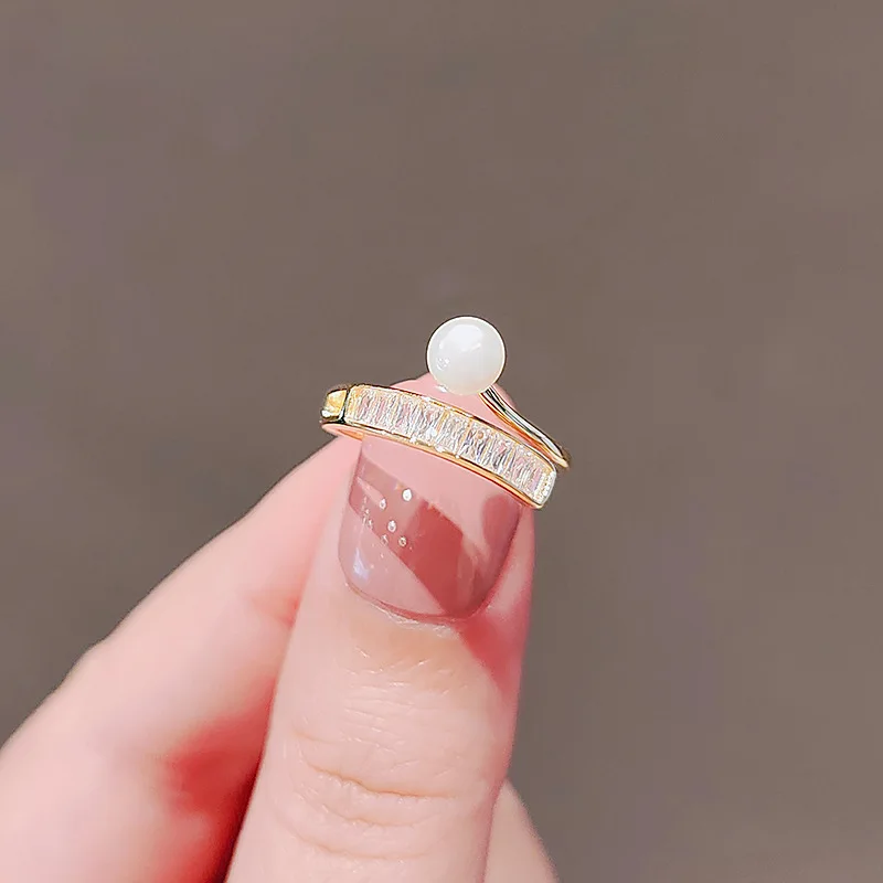 

2022 New Korean Senior Pearl Adjustable Ring Fashion Women Fine Crystal Party Joker Geometric Contracted Trendy Opening Rings