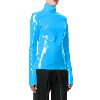 2022 Long Sleeve Hight-Neck PU Leather T-shirts Women Leather PVC Tops Vintage Moto Biker T-shirt Clubwear Pole Dancing Clothing 4