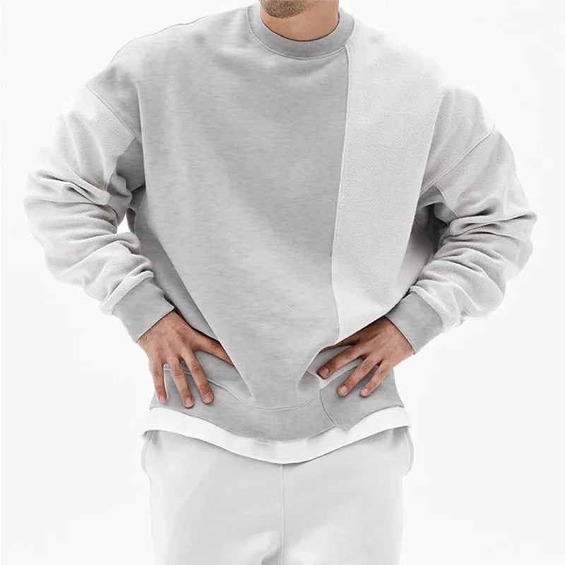 Spring and autumn men's sweater Korean version loose fashion brand round neck solid color sweater men's patchwork shoulder