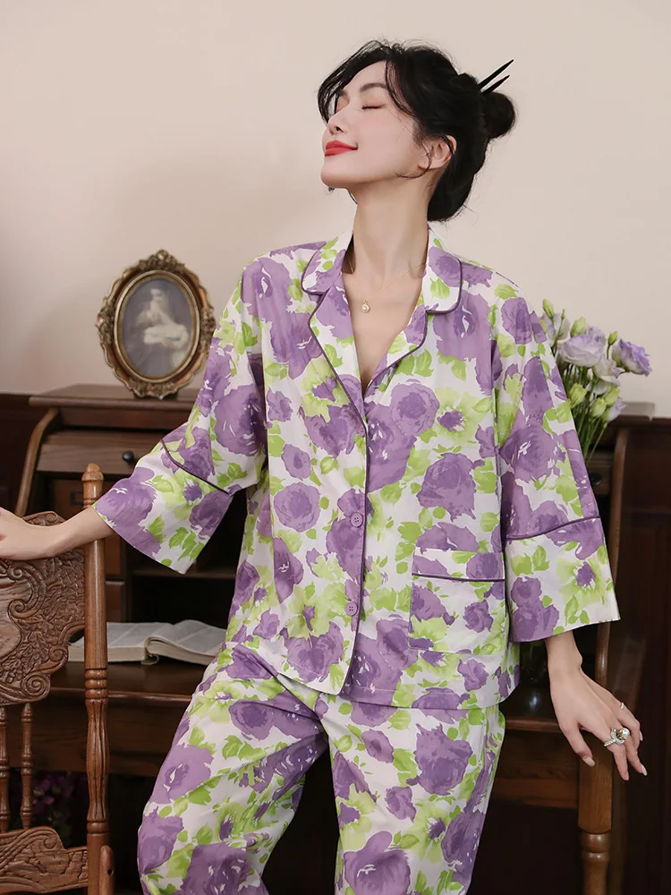Pajama woman new breathable thin set fashion print loungewear pajamas for women perro ชุดนอนผ้าซาติน