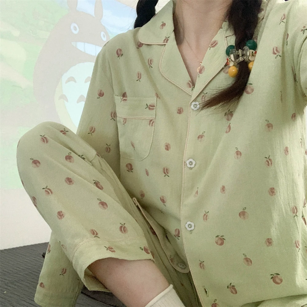 CAIYIER Peach Heart Woemn Korean Sleepwear Winter Cotton Sweet Girls Nightwear Long Sleeve Elastic Waist Homewear Pyjamas Mujer