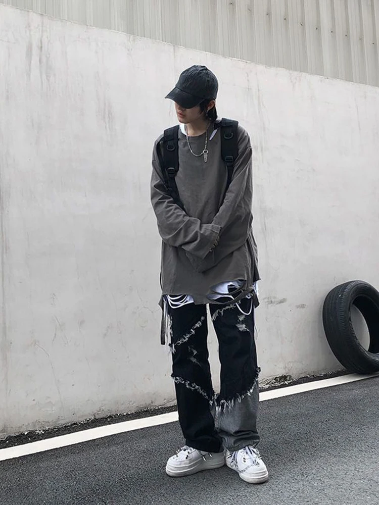 Four Seasons Men Jeans Brand Clothing Fashion High Street Tassel Stitching Raw Edge Design Hip Hop Streetwear Ins Hot Sale JEANS