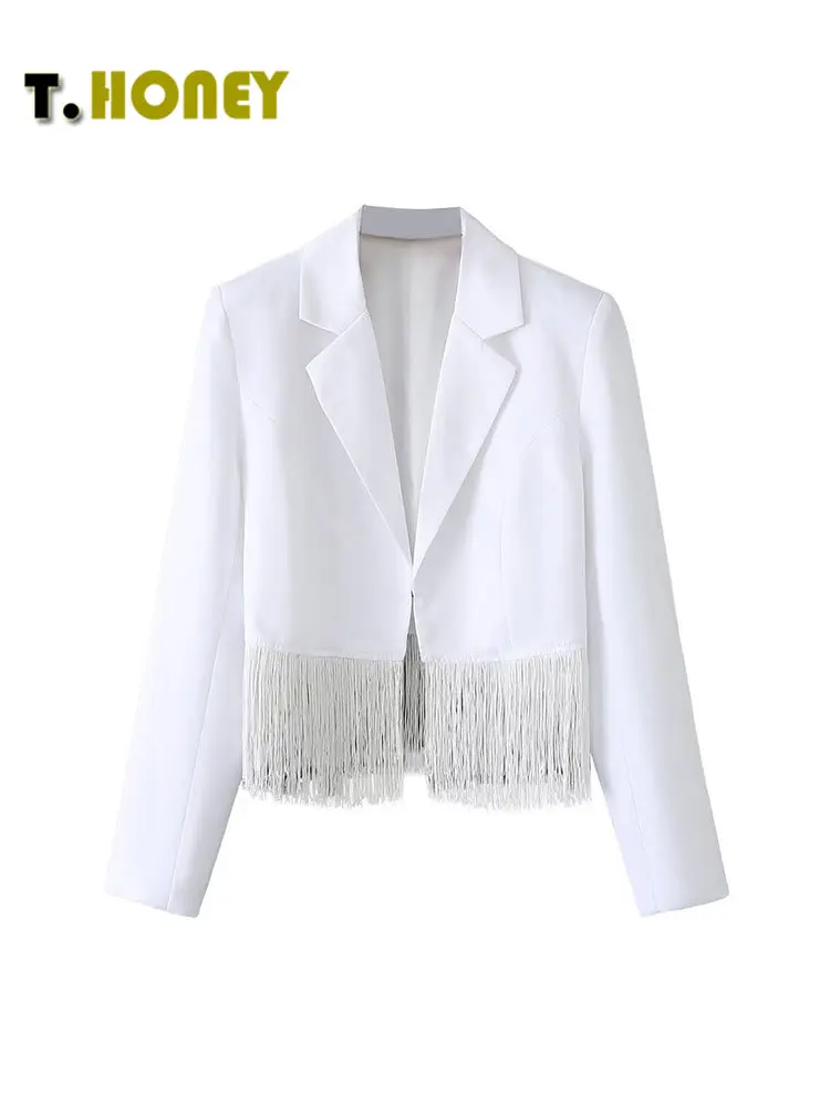 

TELLHONEY Women Fashion Notched Collar Covered Button Blazer Jacket Female Casual Long Sleeves Hem Tassel Solid Color Outfits