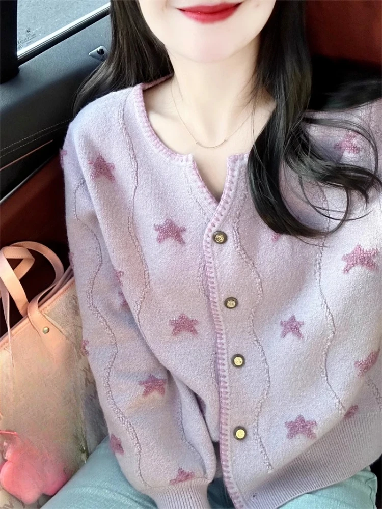 Корейский модный кардиган с пятиконечной звездой жаккардовые однобортные
