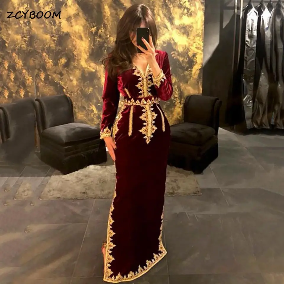 2023 Burgundy V-Neck Mermaid Moroccan Caftan Formal Evening Dresses Velvet Golden Lace Appliques Long Sleeves Party Prom Gowns