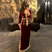 burgundy v neck mermaid moroccan caftan formal evening dresses velvet golden lace appliques long sleeves party guest prom gowns