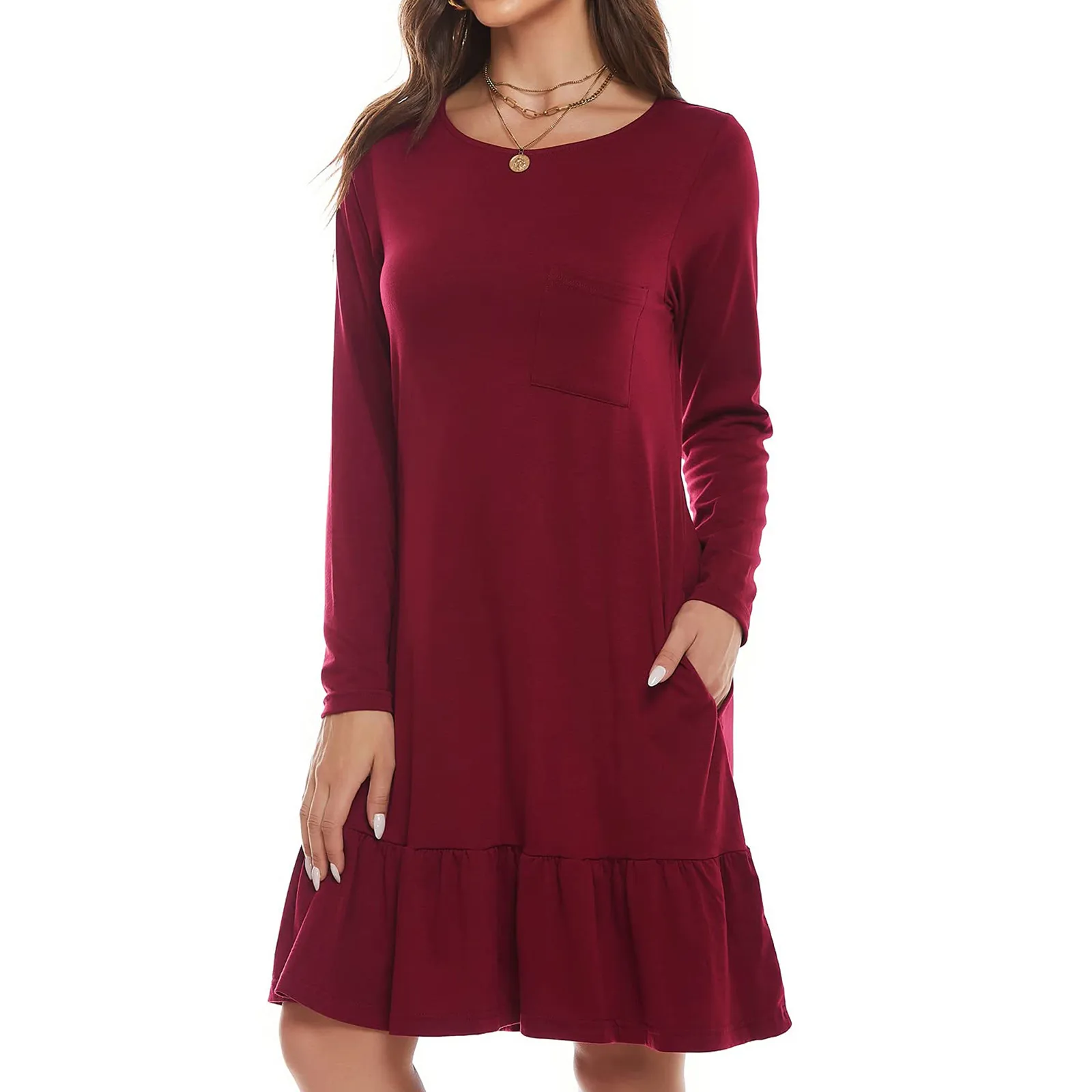 

Women Button Dress O Neck Casual Loose Dress Long Sleeve Mid-length Dress Bandage Casual Beach Stylish Dresses Party Fashion